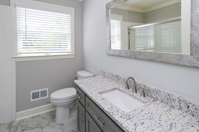 full bath featuring visible vents, toilet, marble finish floor, a stall shower, and vanity