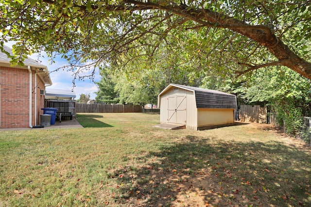 view of yard featuring a patio and a storage unit