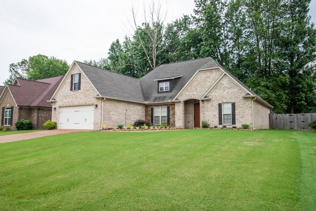 french provincial home featuring a garage and a front yard