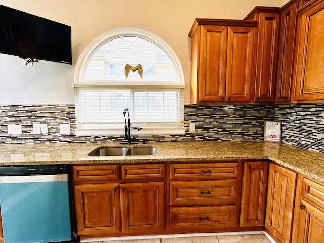 kitchen featuring light stone countertops, backsplash, dishwasher, and sink