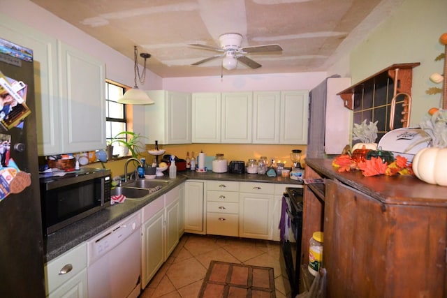 555 Myrick Branch Rd, Pulaski, TN 38478 - kitchen featuring black appliances, a sink, light tile patterned flooring, dark countertops, and white cabinetry