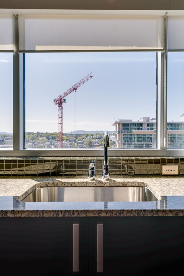 kitchen with stone counters, sink, and a healthy amount of sunlight