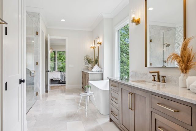 bathroom with a wealth of natural light, vanity, crown molding, and shower with separate bathtub