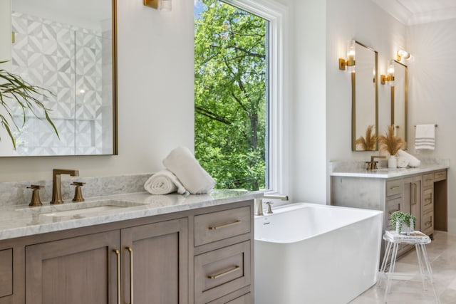 bathroom with a wealth of natural light, vanity, and a bathing tub