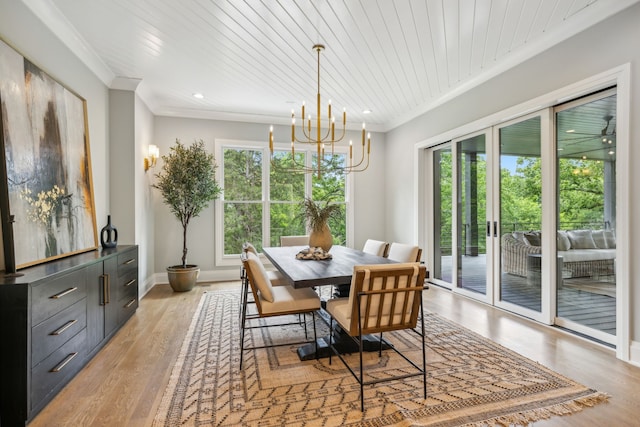 dining space featuring crown molding, wood ceiling, a notable chandelier, and light hardwood / wood-style floors