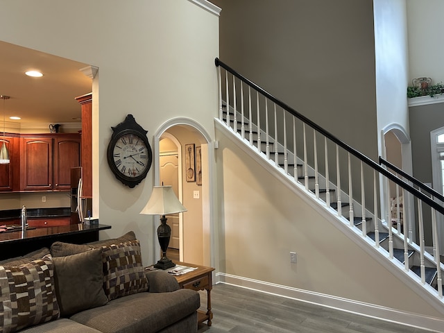 living room with a towering ceiling, sink, and hardwood / wood-style flooring