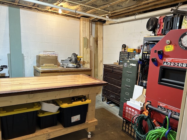 basement with a workshop area