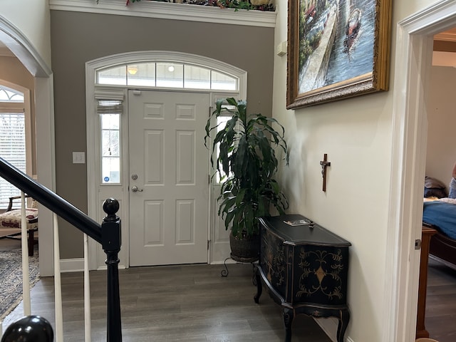 foyer with ornamental molding and wood-type flooring