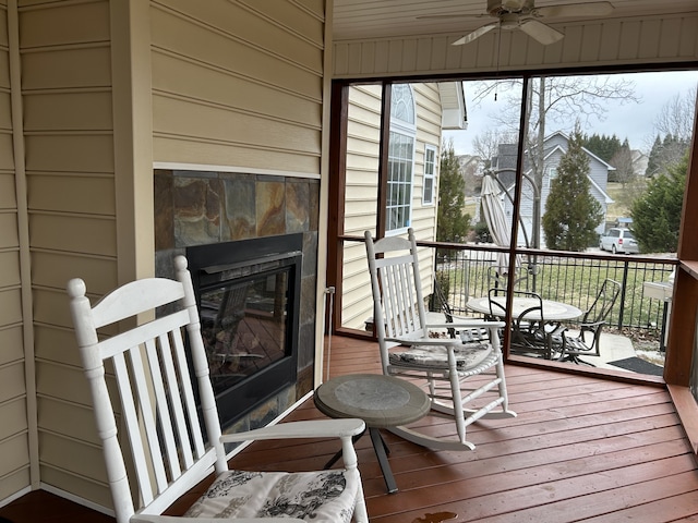 exterior space featuring ceiling fan