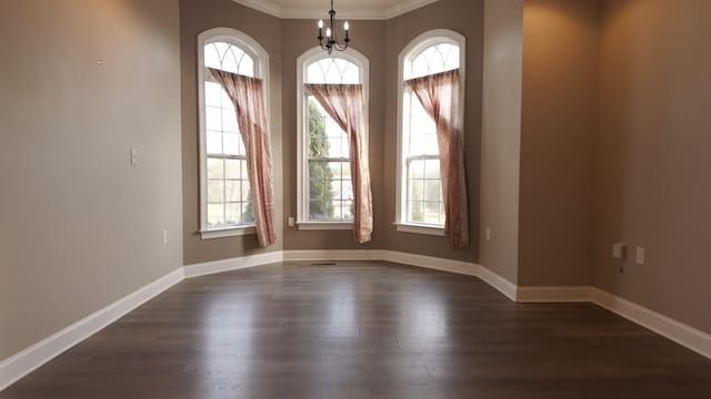 spare room with crown molding, baseboards, plenty of natural light, and dark wood finished floors
