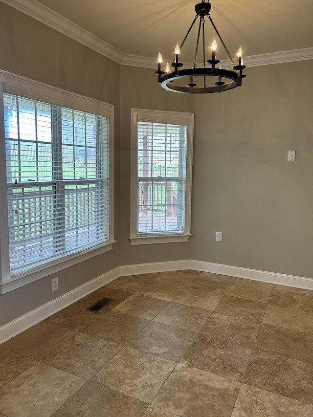 unfurnished dining area featuring an inviting chandelier, ornamental molding, baseboards, and visible vents