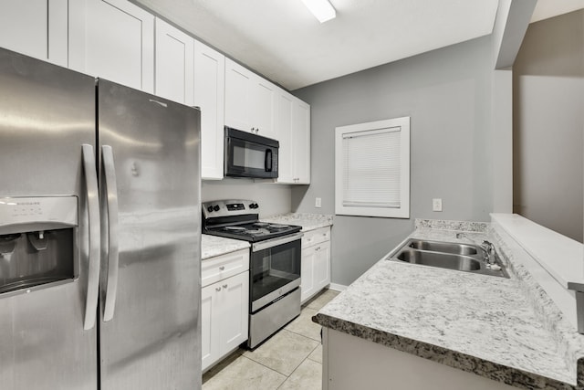 kitchen featuring white cabinets, light tile patterned floors, stainless steel appliances, sink, and kitchen peninsula