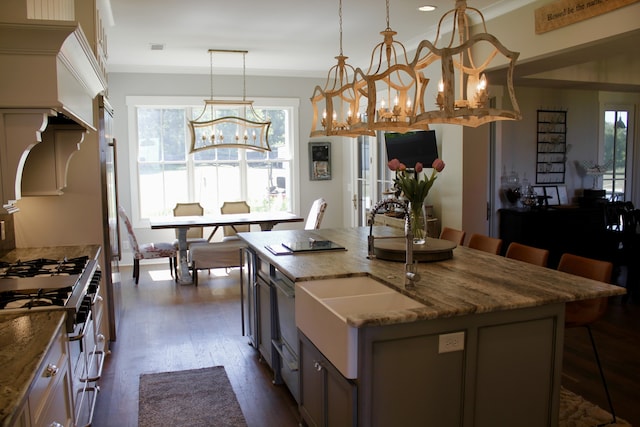 kitchen featuring dark hardwood / wood-style flooring, stainless steel gas stove, pendant lighting, a kitchen bar, and a center island with sink