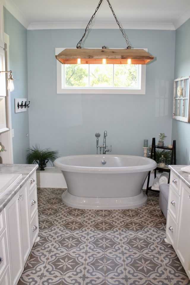 bathroom featuring a healthy amount of sunlight, a bathing tub, and vanity