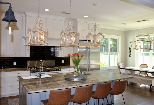 kitchen featuring pendant lighting, plenty of natural light, and an island with sink