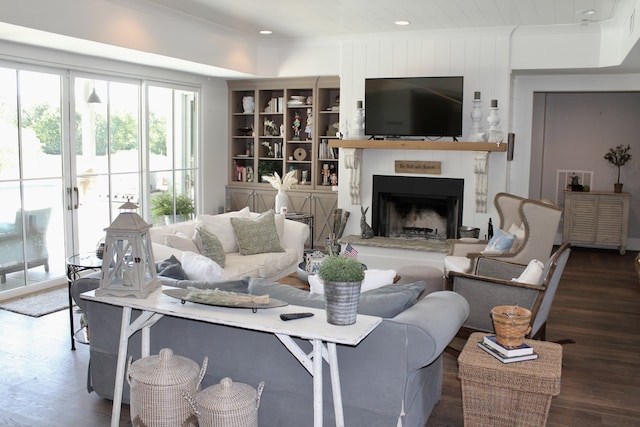 living room with dark hardwood / wood-style flooring