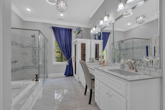 bathroom featuring vanity, ornamental molding, a chandelier, and shower with separate bathtub