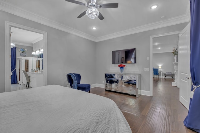 bedroom with crown molding, dark hardwood / wood-style floors, and ceiling fan with notable chandelier