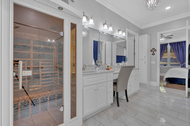 bathroom featuring vanity, tasteful backsplash, a tile shower, crown molding, and ceiling fan