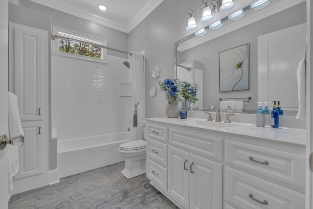 full bathroom featuring tile patterned floors, toilet, vanity, washtub / shower combination, and ornamental molding