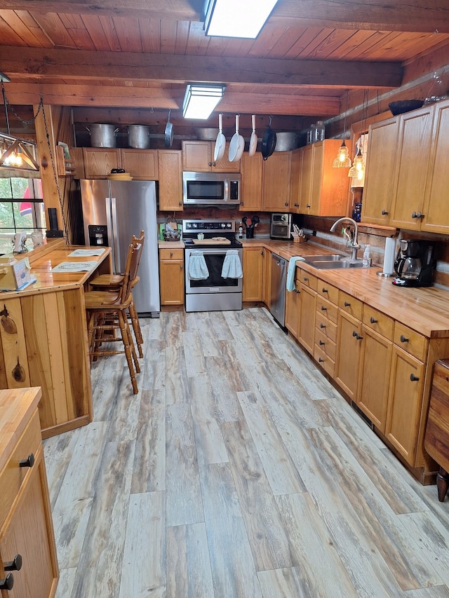 450 Pinson Ln, Big Sandy, TN 38221 - kitchen featuring a sink, wooden counters, light wood-style floors, stainless steel appliances, and wooden ceiling