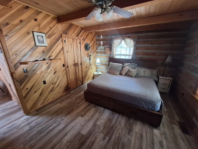 450 Pinson Ln, Big Sandy, TN 38221 - bedroom with beamed ceiling, wooden walls, wood finished floors, and wood ceiling