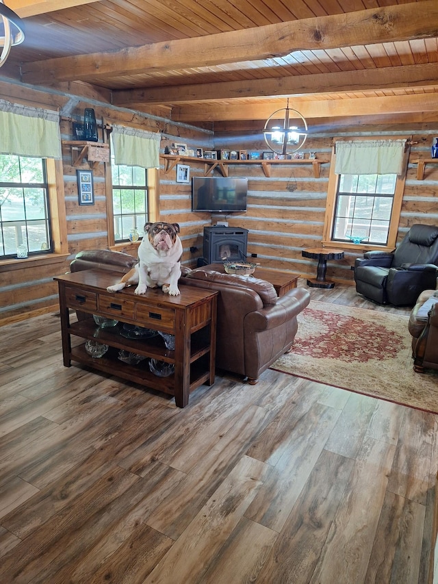 450 Pinson Ln, Big Sandy, TN 38221 - living room with a healthy amount of sunlight, beamed ceiling, wooden ceiling, a wood stove, and wood-type flooring