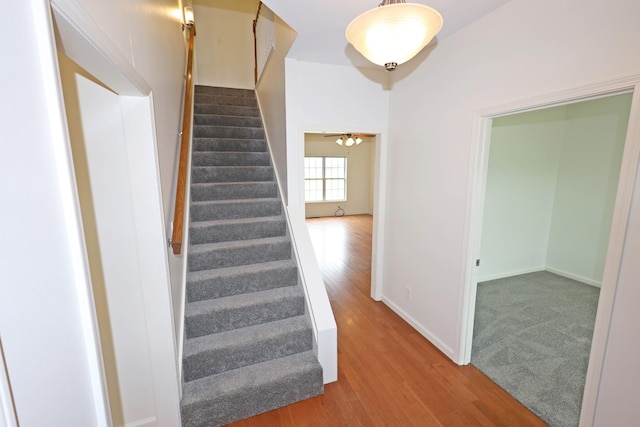 stairway featuring wood finished floors and baseboards