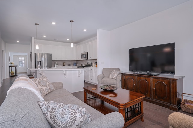 living room with dark hardwood / wood-style flooring