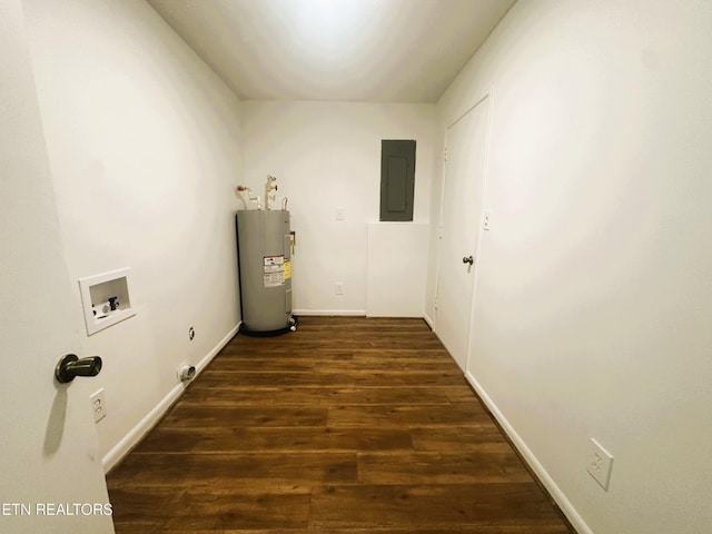 laundry area with dark wood-type flooring, hookup for a washing machine, water heater, and electric panel