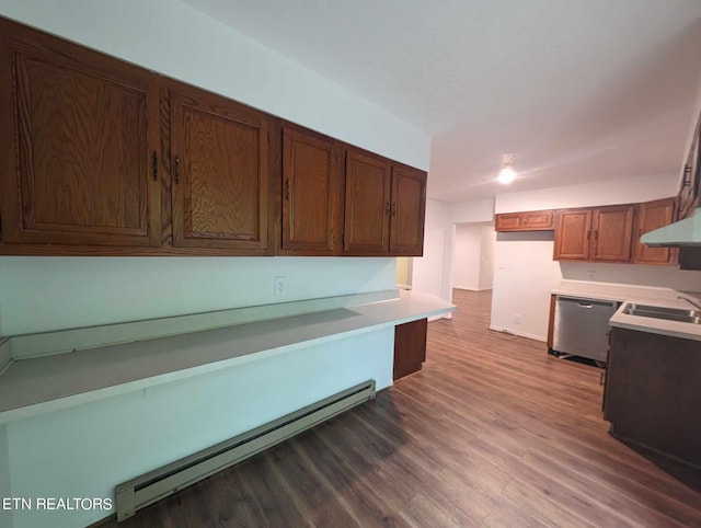 kitchen featuring a baseboard heating unit, dishwasher, dark hardwood / wood-style floors, and sink