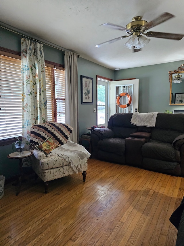 living room with ceiling fan and hardwood / wood-style flooring