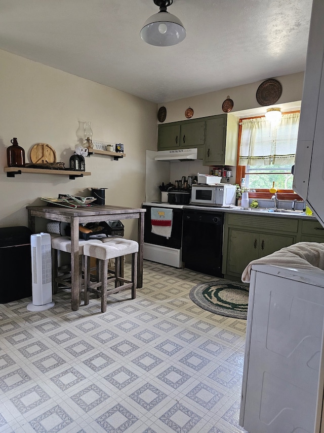 kitchen with green cabinetry, white appliances, and sink