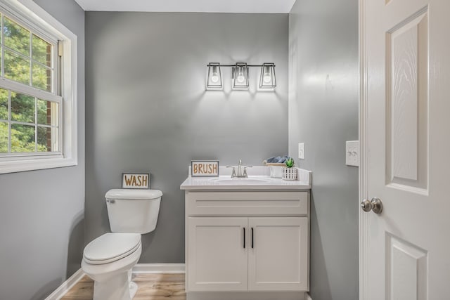 bathroom with vanity, toilet, plenty of natural light, and wood-type flooring