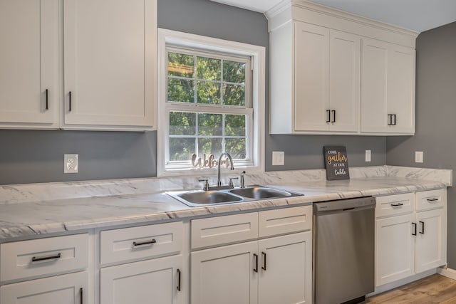 kitchen with stainless steel dishwasher, sink, light hardwood / wood-style flooring, and white cabinetry