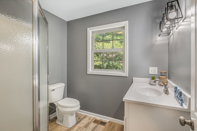 bathroom featuring vanity, toilet, and hardwood / wood-style flooring