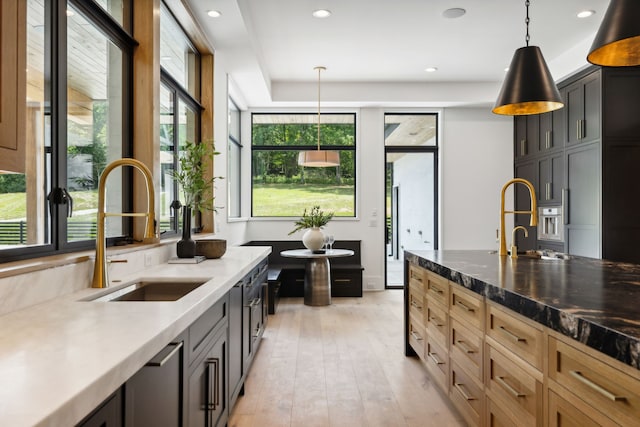 kitchen featuring light hardwood / wood-style flooring, plenty of natural light, hanging light fixtures, and sink