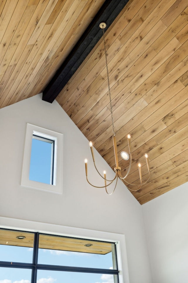 details featuring beamed ceiling, a chandelier, and wooden ceiling