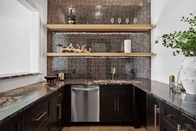 bar featuring dishwasher, tasteful backsplash, wine cooler, and dark stone counters