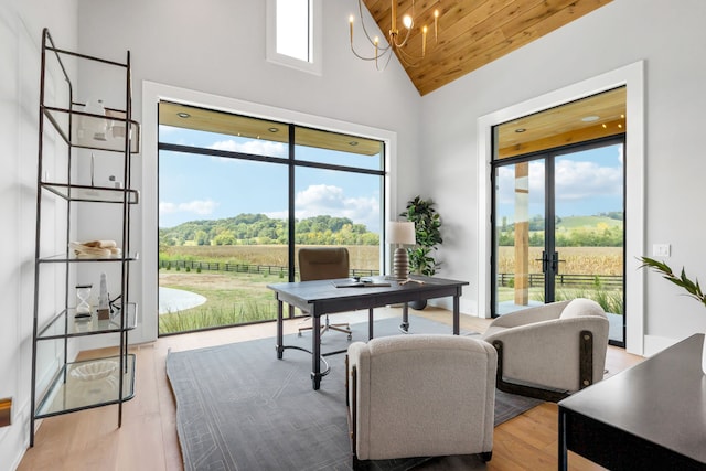 office area featuring a healthy amount of sunlight, high vaulted ceiling, wood ceiling, and light hardwood / wood-style floors