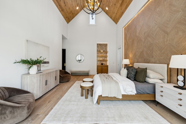 bedroom with a baseboard radiator, high vaulted ceiling, wooden ceiling, a chandelier, and hardwood / wood-style floors