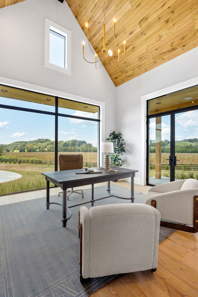 office with hardwood / wood-style flooring, a rural view, wooden ceiling, and high vaulted ceiling