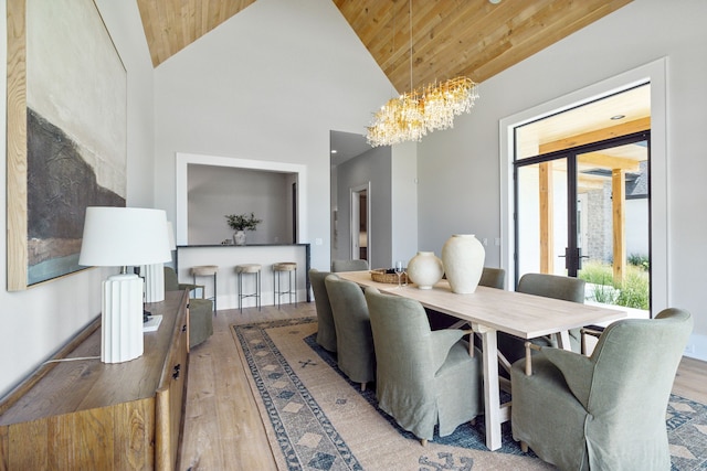 dining area featuring hardwood / wood-style floors, high vaulted ceiling, french doors, an inviting chandelier, and wood ceiling