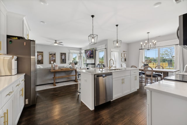 kitchen featuring white cabinets, ceiling fan with notable chandelier, stainless steel appliances, dark hardwood / wood-style flooring, and a center island with sink