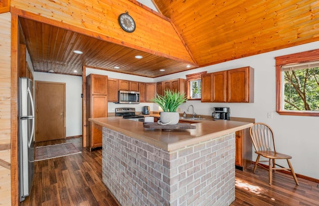 kitchen featuring dark wood-style flooring, stainless steel appliances, vaulted ceiling, a sink, and wooden ceiling