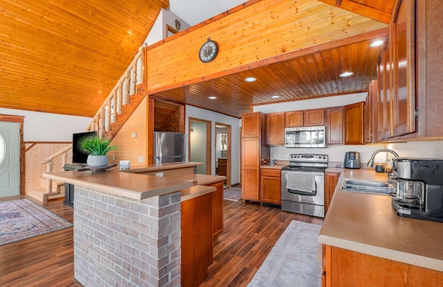 kitchen featuring dark wood-style floors, appliances with stainless steel finishes, wood ceiling, a sink, and a peninsula