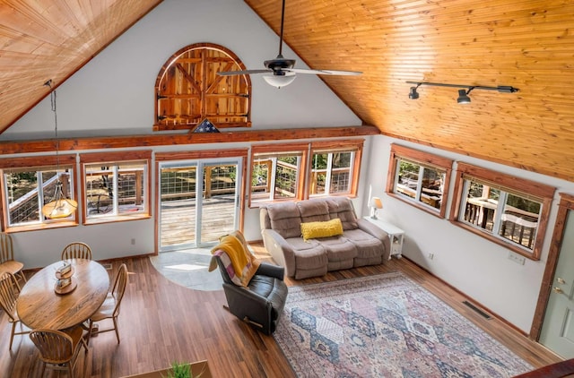 living area with visible vents, wood ceiling, wood finished floors, high vaulted ceiling, and track lighting