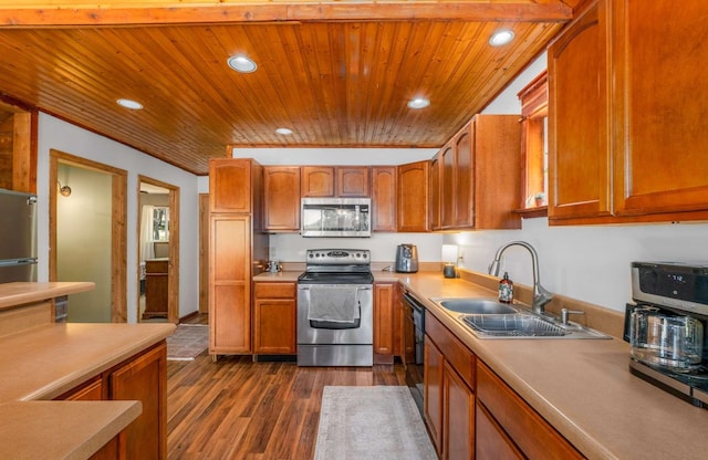 kitchen featuring dark wood finished floors, wood ceiling, appliances with stainless steel finishes, a sink, and recessed lighting