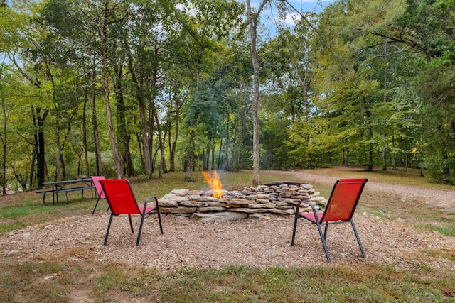 view of yard featuring a forest view and an outdoor fire pit