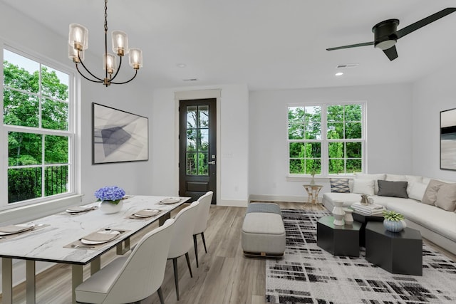 dining area with visible vents, baseboards, ceiling fan, light wood-type flooring, and recessed lighting